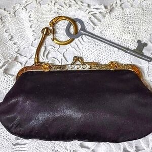 Vintage Coin Purse Keychain Skeleton Key Black Silk Gold Metal Faux Diamonds